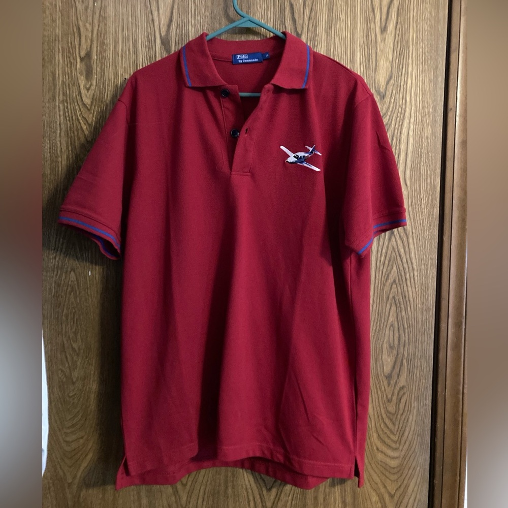 Vtg.  Red Polo  By Commander Pilot Air Service Airplane  Logo Size Large